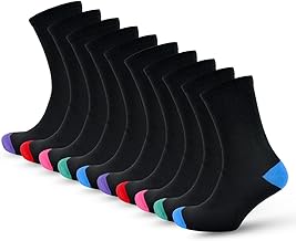 Womens 10 Pairs Crew Socks Cotton Rich Black With Colour Heels Toes | Indoor/Outdoor Sports, Walking, Athletic Wear & Home Workout | Soft, Durable & Quick Drying | Black Socks Womens 4-7
