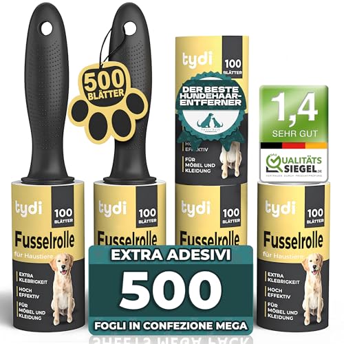 Tydi Rullo Leva Pelucchi con 2 Manici e 5 Ricariche da 100 Fogli – Rullo Peli Animali per Vestiti, Letti, Divani – Spazzola Adesiva Levapelucchi Extra Appiccicosa