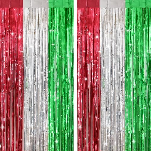 G2PLUS Christmas Foil Fringe Curtains: 2PCS Metallic Tinsel Curtains, 1m×2m Party Backdrop Streamers, Red Green Silver Party Decorations for Christmas, Holiday Backdrop, Photo Booth