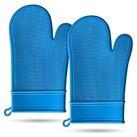 Paire de gants de cuisine bleus à rayures doubles en silicone résistant à la chaleur | Gants de cuisine antidérapants en silicone | Maniques épaisses lavables en machine pour la maison et
