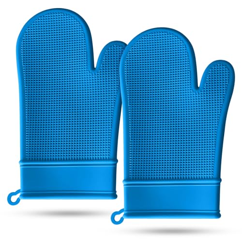 Set di guanti da forno in silicone antiscivolo e resistenti al calore, impermeabili, senza BPA, con superficie antiscivolo per cucinare, barbecue, cucina, confezione da 2 (blu)
