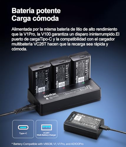 Ficha técnica Godox V100-N 100W TTL Flash de Cámara para Nikon 24G Flash de Cámara Inalámbrico de Cabeza Redonda con Flash Externo SU-1 HSS 1/8000s 2980mAh Batería de Litio Flashes Godox V1Pro N Actualizado - Fernando Cortés