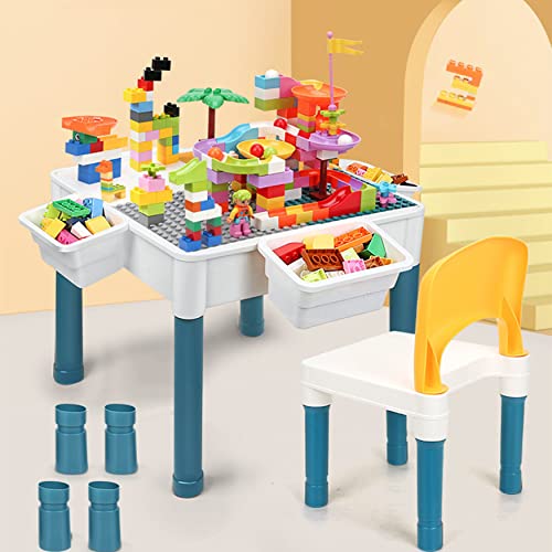 6-en-1 Table Enfant Chaise Set Table de Jeu Enfant, 51 x 51 cm Plateau Double Face avec 292 Briques, Table Multi-activité Enfant avec 1 Chaise Enfant comme Table de Construction, Table de Sable