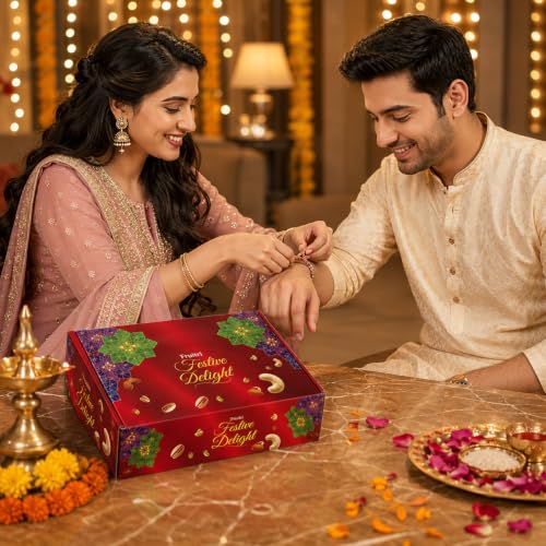 Image of Fruitri Premium Rakhi Gift Hamper for Brother with Almonds, Cashews, Green Raisins 100g each & Peri Peri Makhana, 2 Rakhis, Roli Chawal & Greeting Card