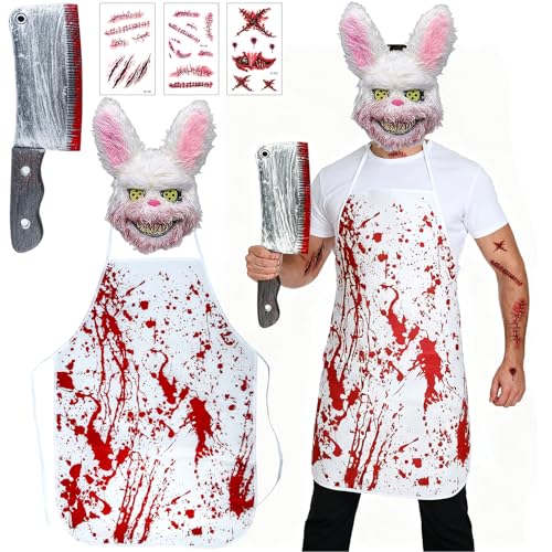 Kakamanon Costume de Lapin D'horreur, Costume de Boucher Halloween, Masque de Lapin, Deguisement Halloween Homme, Homme Horreur Tueur, Tablier Ensanglanté, Temporary Tattoo Sheets, Faux Couteau