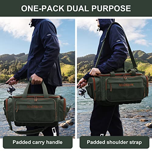 Moishow Fishing Tackle Bags,Fishing Bag For Saltwater Or Freshwater (#Green) Tackle Box Bag - Padded Shoulder Strap - Fishing Gear Storage - Tackle Bag For Fishing, Camping, Hiking, Travel #TOP6