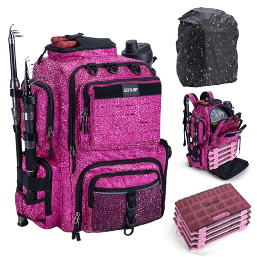 Goture Fishing Backpack with 4 Tackle Boxes 900D Water-Resistant Tackle Backpack with Rod Holders 45L Large Fishing Bag Storage Gear Tackle Bag with Rain Cover Bottle Holder for Travel Camping Hiking