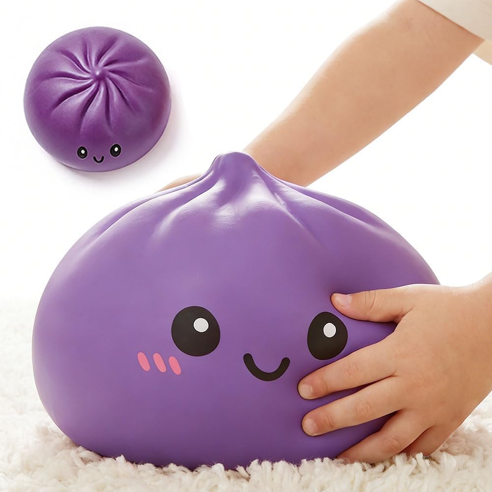 Giant Dumpling Squishy Jumbo Size, Mystery Dumplings Squishies Box, Cute Big Bao Bun Fidget Real Office Desk Decor, Soft Sensory Squeeze Ball with Steamer for Anxiety Stress Relief (Purple)