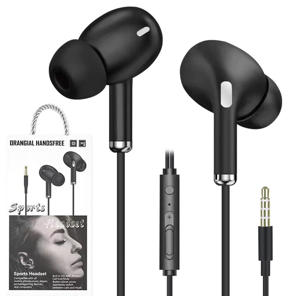 YINA Black Wired in-Ear Tangle-Free Cord, Noise Isolating, 3.5mm Audio Jack Headphones with Microphone - Phone/Tablet Compatible