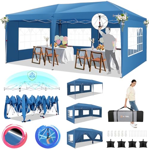Image of HOTEEL 10x20 Pop Up Canopy Tents for Parties, Outdoor Tent with 6 Sidewalls & 8 Wind-Resistant Rods & Carry Bag, Easy Setup for Wedding, Patio Events, Commercial, Waterproof and UV50+ Protection, Blue