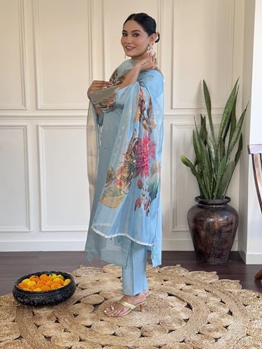 Image of Shiv Textiles Women's Chanderi Silk Embroidered Kurta Pant Dupatta Set(JDA-PARITA-SkyBlue-XL)