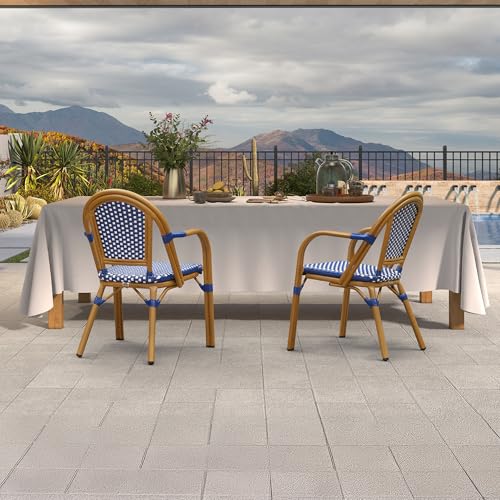 Image of PURPLE LEAF Outdoor French Bistro Armchairs Set of 4, Bamboo Finish, Blue