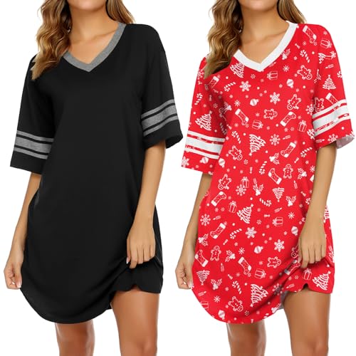 Image of Ekouaer Nightgowns for Women 2 Pack Sleepshirts Short Sleeve Nightshirt V Neck Sleepwear Casual Pajama Dress