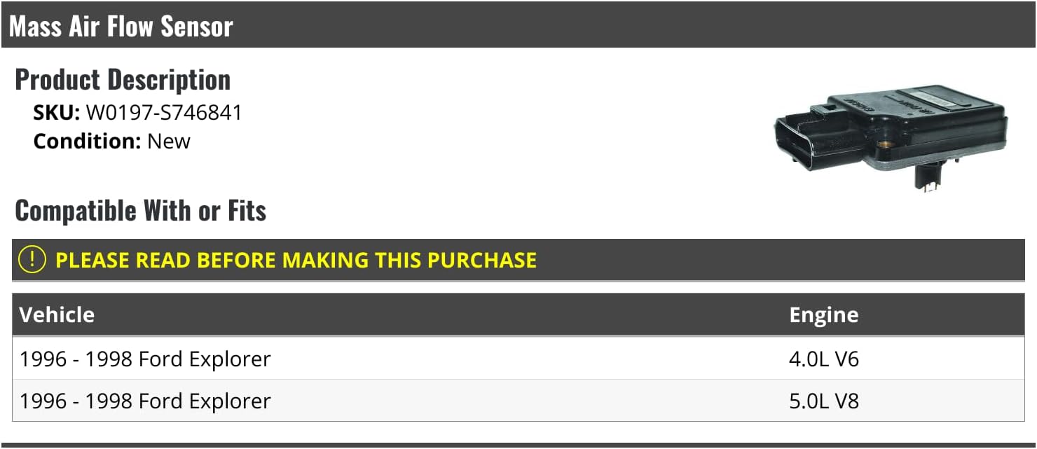 Mass Air Flow MAF Sensor - Compatible with 1996-1998 Ford Explorer (Fits 4.0L V6 and 5.0L V8 Models)