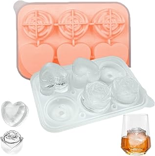 Rose Ice Cube Mold, 3D Large Ice Cubes Tray, Silicone Flower Heart Candy Chocolate Molds with Built-in Funnel, Ice Ball Maker for Cocktails Juice Whiskey Bourbon Mother's Day Christmas Valentines