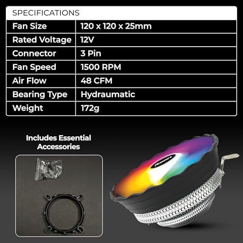 Image of Foxin FCF 002 CPU Cooling Fan with Rainbow LED | CPU Cooler 120mm RGB Fan | Hydramatic Bearing | 1500 RPM & Airflow 48 CFM | 3-Pin | Compatible with Intel LGA1700 /115X /1200 & AMD AM2 /AM3 /AM4 /AM5