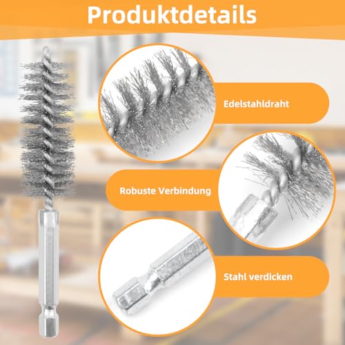6 Stück Drahtbürste Bohrmaschine, Edelstahl Kupferrohrreiniger mit 6,35 mm Sechskantstange, Bohrungsbürste, Borsten, Drahtbürste für Bohrmaschinen, für Bohrmaschine Polier Schleifen Entrosten Entgrate