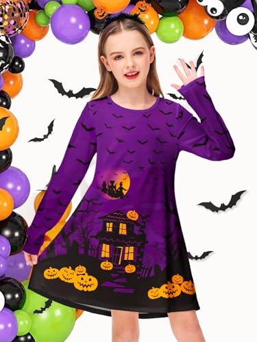Deerose Girls Halloween Dresses Long Sleeve Holiday Swing Dress Crewneck Cute Printed Outfits 3-14 Years2