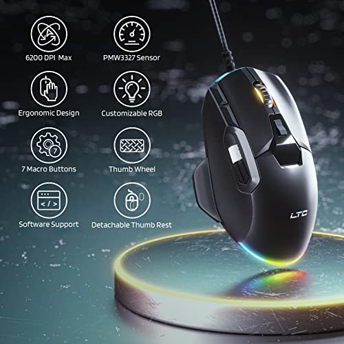 Ltc Gm-041 Wired Gaming Mouse With Thumb Side Scroll, Rgb Backlit, 6400Dpi, 7 Programmable Buttons, Software Supports, Black #TOP1