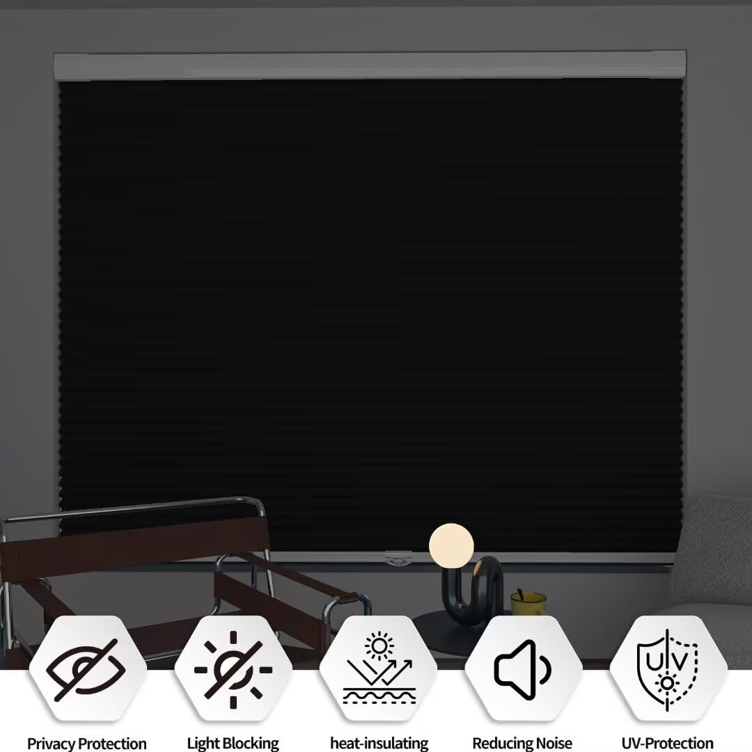 Myshade No Drill Blackout Shades Tension Cordless Cellular Blinds for Indoor Windows No Drilling No Tools Window Blinds & Shades Pull Down Room Darkening for Kitchen Bedroom Home Black 34W*72H