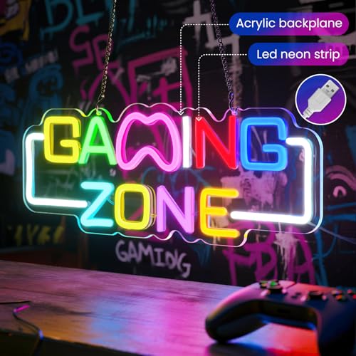 Image of Gaming Zone Neon Sign for Wall Decor - LED Neon Lights with USB Power & Dimmable Brightness,Cool Game Controller Neon Sign for Bedroom,Game Room,Man Cave,Gamer Decor