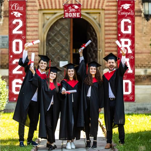 Image of Moukeren 3 Pieces 2026 Graduation Party Decorations Graduation Porch Sign Class of 2026 Grad Hanging Porch Banner Backdrop Door Sign for Grad Party Home Door Wall Decor(Red)