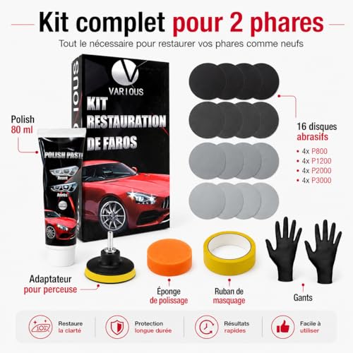 various Kit Rénovation Phare Voiture, Rénovateur Optique avec Polish 80 ML, 16 Disques Abrasifs P800-P3000, Adaptateur Perceuse, Éponge, Protection UV, pour Phares Jaunis – vue 2