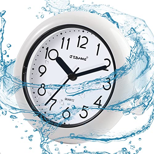 JIBANG Bathroom Wall Clock, Waterproof Suction Cup Silent Non Ticking Clocks with Stand for Desk Bedroom Home Office School (7Inch, White)