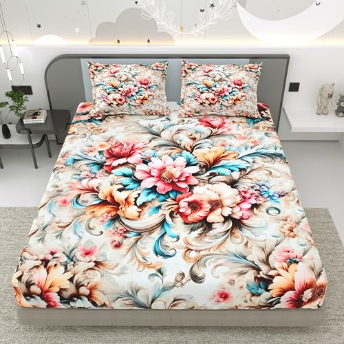 Image of Dream Weaverz 7D Bedsheet for Double Bed King Size with 2 Pillow Covers | Luxury Multicolor Floral Printed Flower Design | Soft Glaze Cotton Feel | Elastic Fitted Upto (72 x 78 x 12) Inch Mattress