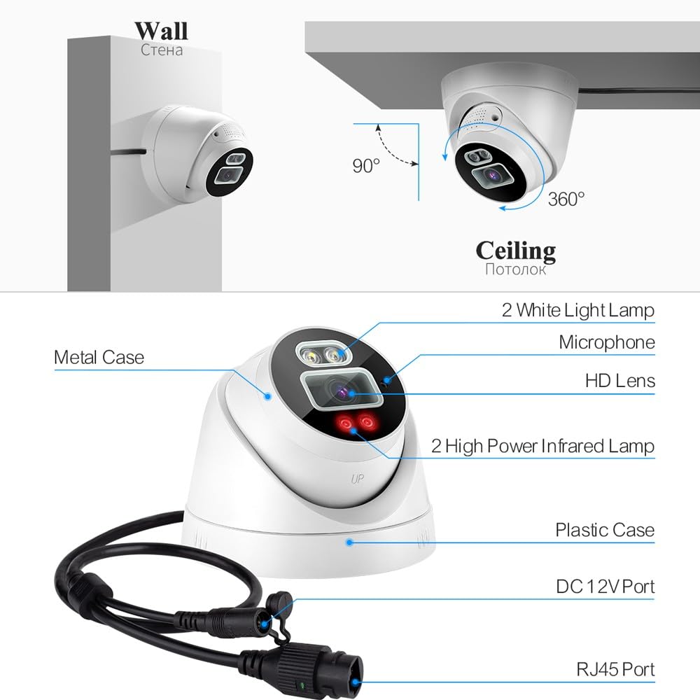 Kamera Monitorująca 5MP 8CH POE NVR AI Wykrywanie Twarzy Kopuła Kryty Dwukierunkowy Rejestrator DźwiękuColor Night Security System łAtwa W Instalacji(2T,8CH NVR 4 Cameras)