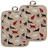 Pot Holders Set of 2 Heat Resistant 480 ℉ Kitchen Non Slip Clear Silicone Printed Comfortable Cotton Lining Women Men Cooking Barbecue Microwave Machine Washable (Cat, Khaki Potholders)