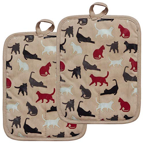 Pot Holders Set of 2 Heat Resistant 480 ℉ Kitchen Non Slip Clear Silicone Printed Comfortable Cotton Lining Women Men Cooking Barbecue Microwave Machine Washable (Cat, Khaki Potholders)