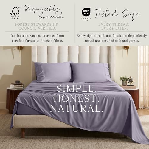 Image of KARISSA MAE 6 Piece Luxury Bamboo Viscose Queen Sheet Set, 4 Pillowcases | FSC Certified | Cooling | Ultra Soft | 18 inch Deep Pockets | Elastic Corner Straps | Includes Organizer Band [Plum]
