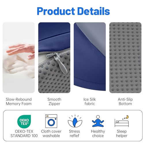 Image of MOONYOOY Ergonomic Zoned Memory Foam Wedge Pillow for Bed, Prone Sleeping & Reading Cushion with Unibody Incline, Targeted Support for Stomach Sleepers & Back Pain Relief, Washable Cover, Blue