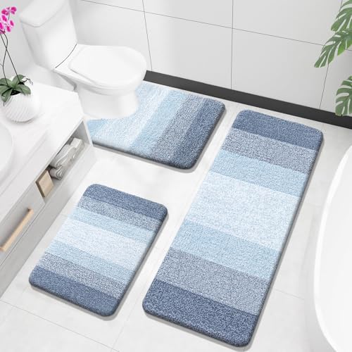 OLANLY Microfiber Bathroom Rugs Sets 3 Piece, Absorbent Bath Mats, Blue