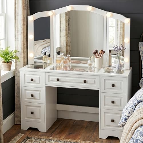 FUSUNBAO White Lighted Vanity Desk, Tri-Fold Mirror, 5 Drawers, Outlets