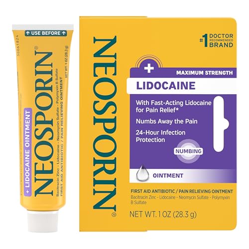 Neosporin + Lidocaine First Aid Triple Antibiotic Ointment, Fast-Acting, Maximum Strength Topical Pain Relief, 24-Hour Infection Protection That Numbs Away The Pain for Minor Wound Care, 1 oz