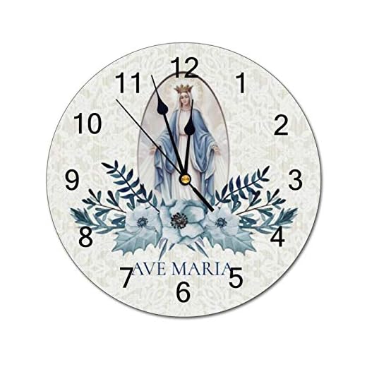 PVC Wall Clock with Blessed Virgin Mary Blue Flowers Lace Round Wall Clock for Home Wall Office