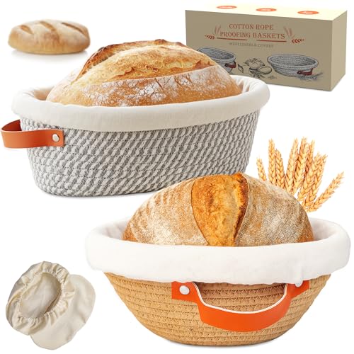 Banneton Bread Proofing Basket – Oval & Round Handmade Cotton Rope Sourdough Proofing Basket with Liner & Cover (Perfect for Sourdough & Artisan Bread Set (1 Round 1 Oval)