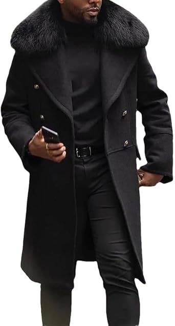 معطف شبابي رجالي من الصوف بقصّة Slim Fit وصدر مزدوج وجيب جانبي بني اللون
