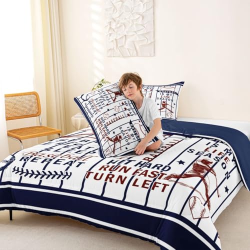 Image of Feelyou Personalized Baseball Comforter Set King Size Eat Sleep Baseball Bedding Set for Kids Boys Girls Sports Game Duvet Quilt White and Navy Blue Bedroom Decor 3 Pcs with 2 Pillow Cases