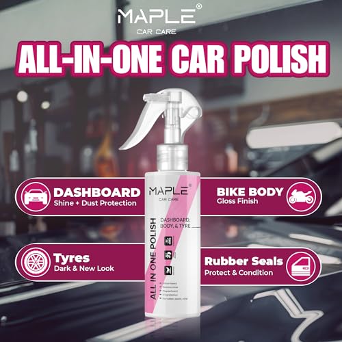 Image of Maple Car Care All-in-One Car Polish 200 ml | Dashboard, Body & Tyre Shine Cleaner | Multi-Surface Polish for Plastic, Vinyl, Leather, Paint, Chrome & Rubber | Car Polish for Shine & Protection