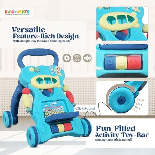 Image of Kidsmate Baby Activity Walker | Push Walker for Babies 6-18 Months | Foldable Musical Baby Walker with Toy Bar | Safe & Non-Toxic Design for Baby Development & Learning Toddler Toys - Blue