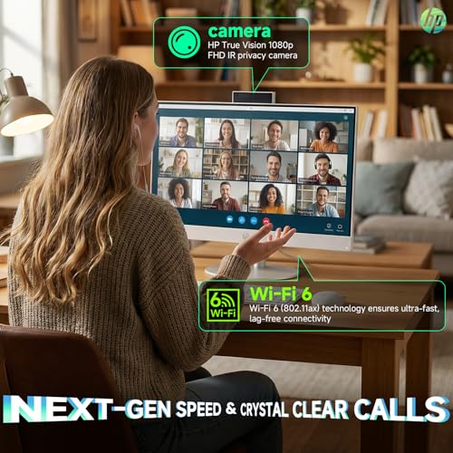 Image of HP All in One Desktop Computer 27 Inch, AMD Ryzen 5 7520U, AMD Radeon Graphics, 16GB DDR5, 2TB SSD, FHD (1920 x 1080) Anti-glare Touchscreen, Wi-Fi 6, Windows 11 Pro, Headphone and Mouse Accessory Kit