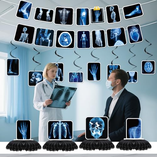 Image of Radiology X Ray Party Decorations, 14PCS Xray Banners with Hanging Swirls Birthday Decoration X-Ray Medical Theme Honeycomb Centerpiece Baby Shower Supplies for Radiology Doctor