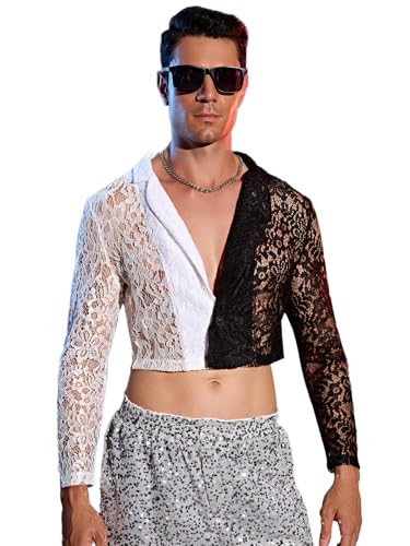 Men's Floral Lace Contrast Mesh Blazer Lapel Neck Long Sleeve Colorblock Outwear