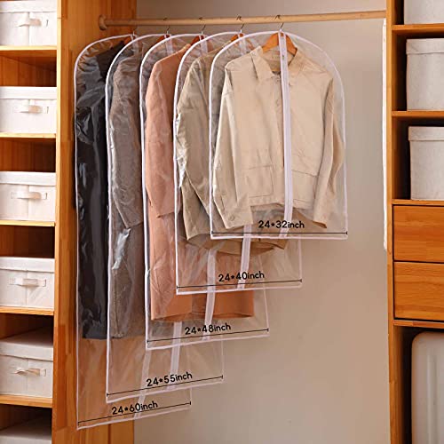 Perber Garment Bags for Hanging Clothes, 6 PCs All Clear Garment Bag, Plastic Dustproof Suit Bag, Coat Protector Zippered Garment Covers for Closet Storage and Travel - 24'' x 32''/6 Pack
