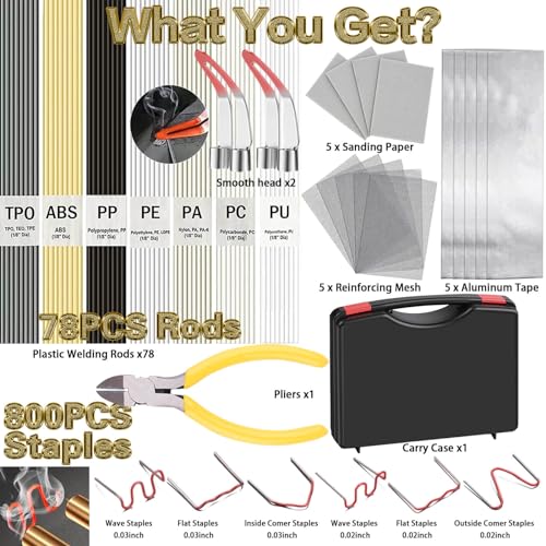 Wrdlosy Soldador de plástico de 200 W, 78 peças, 800 peças, grampos, kit de soldagem de plástico, es