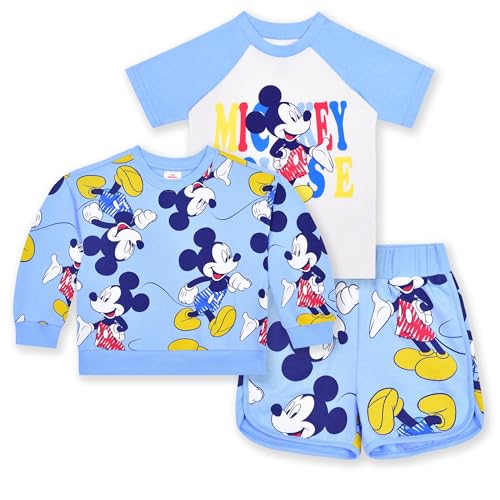 Image of Disney Mickey Mouse Boys Short Sleeve T-Shirt, Shorts, and Sweatshirt 3 Piece Set for Toddlers - Blue /White