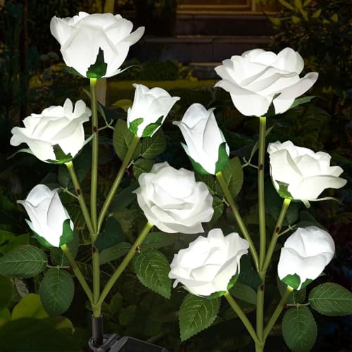 Etre Jeune Solar Garden Lights, Solar Outdoor Lights with More Realistic 10 Rose Waterproof Solar Powered Flowers for Outside Patio Yard Pathway Decorations, 2 Pack White by Etre Jeune - Used condition - US$22.16